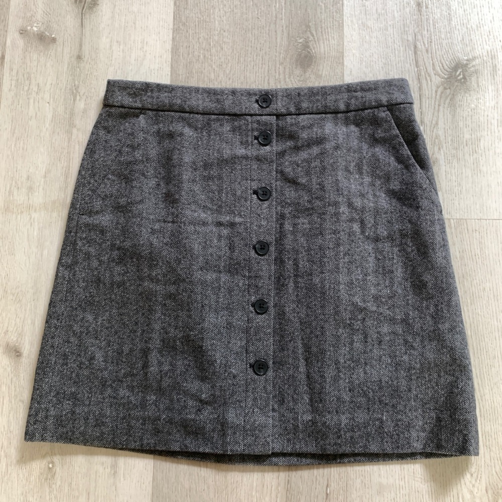 J.Crew Grey Herringbone Wool Blend Button Front A-Line Mini Skirt Womens 6